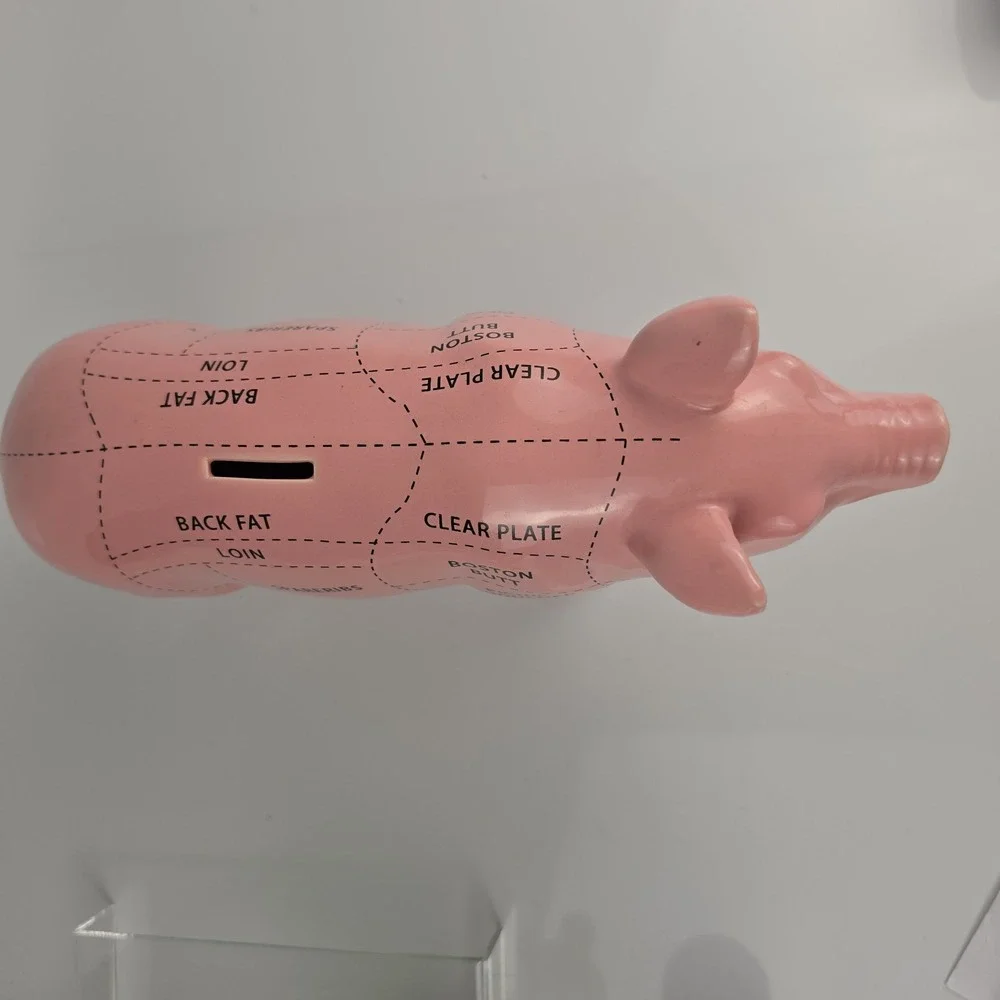 Pink Ceramic Pig Coin Bank Butcher Diagram Pork Cuts Kitchen Farmhouse
